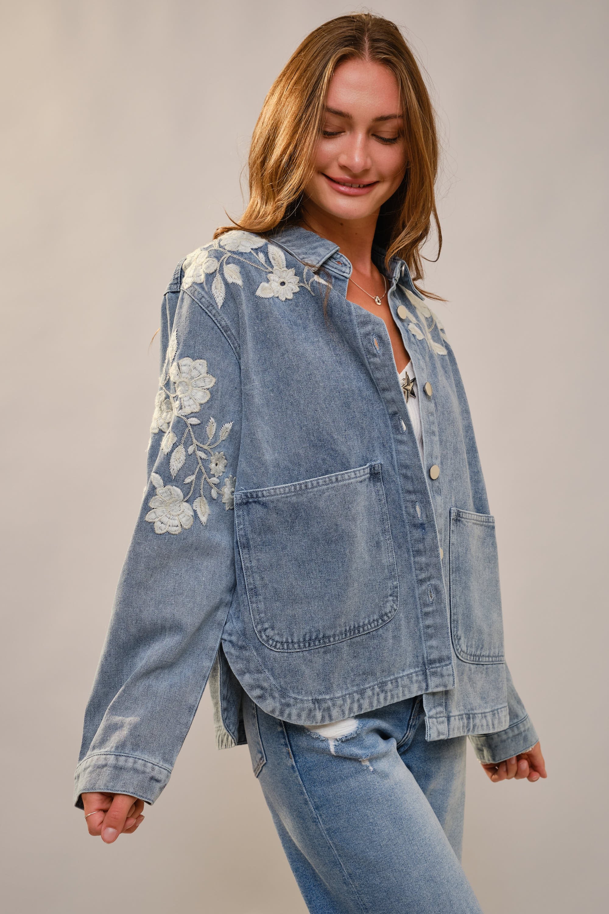 Floral Embroidered Denim Jacket – Pink Fleur Boutique