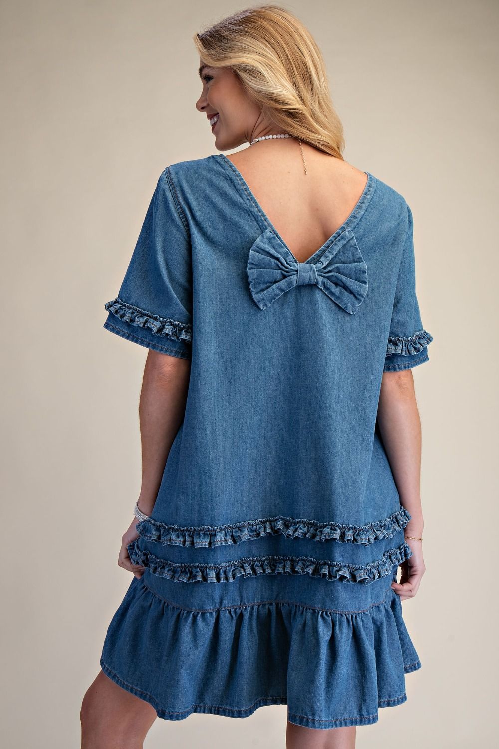 easel denim dress Tunic in Washed Denim M at June Adel SHORT SLVS WASHED DENIM DRESS Easel Denim Dress W/Distressed Ruffle