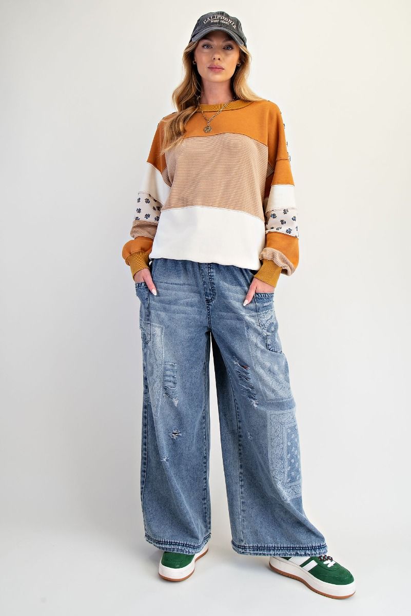 Easel Floral and Stripes Pullover