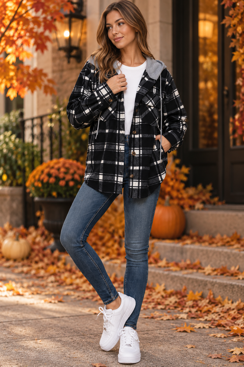 Harvest Plaid Hooded Shacket - Black