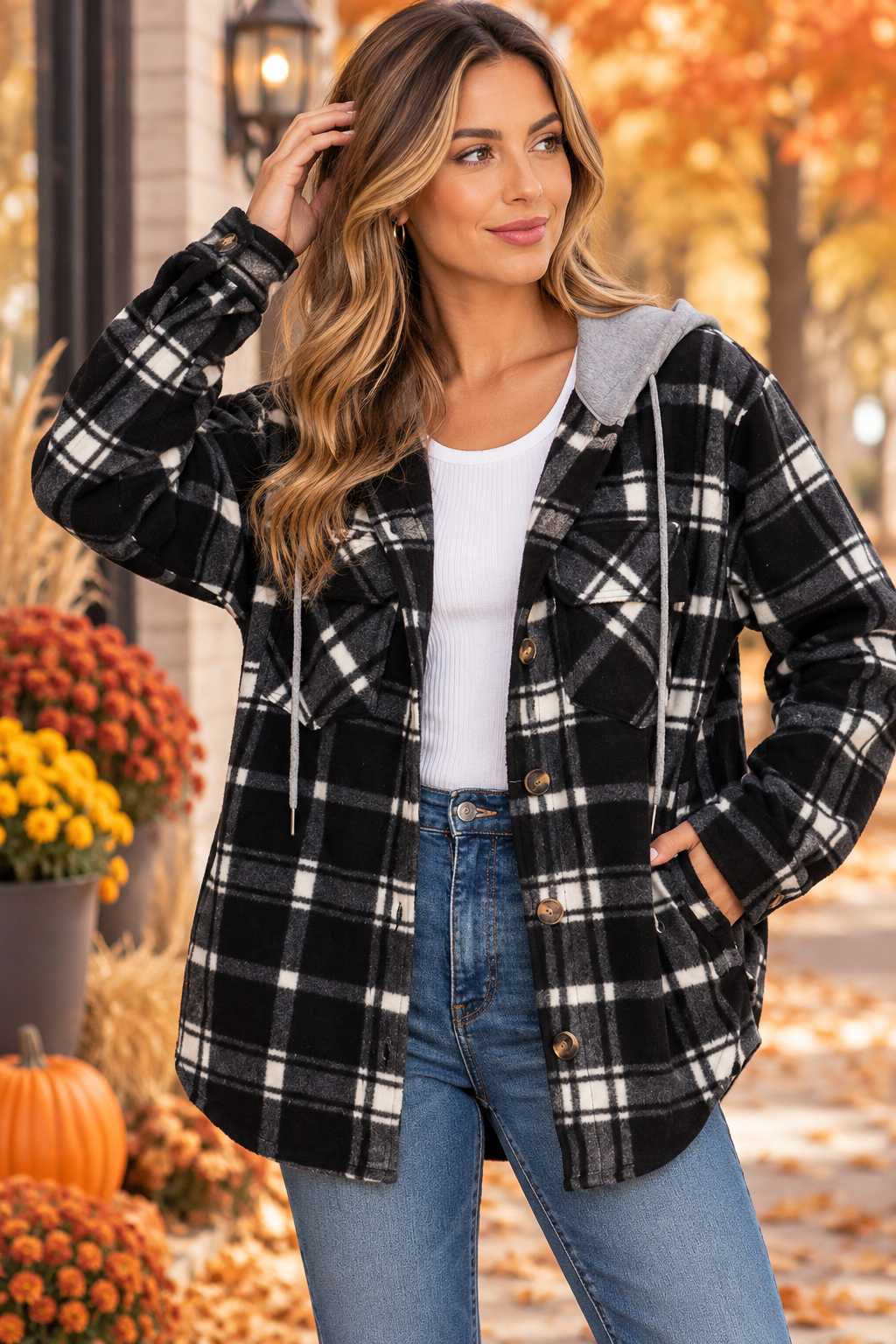 Harvest Plaid Hooded Shacket - Black