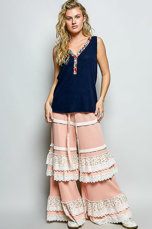 POL The Floral Edge Essential Tank - Navy