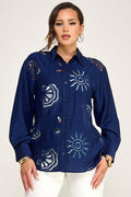 Floral Thread Embroidered Top - Navy