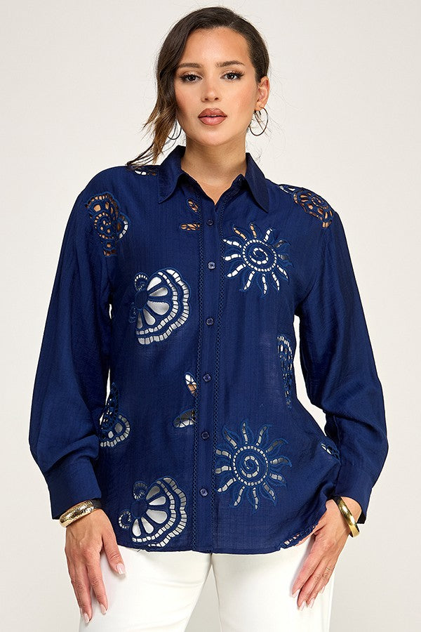 Floral Thread Embroidered Top - Navy
