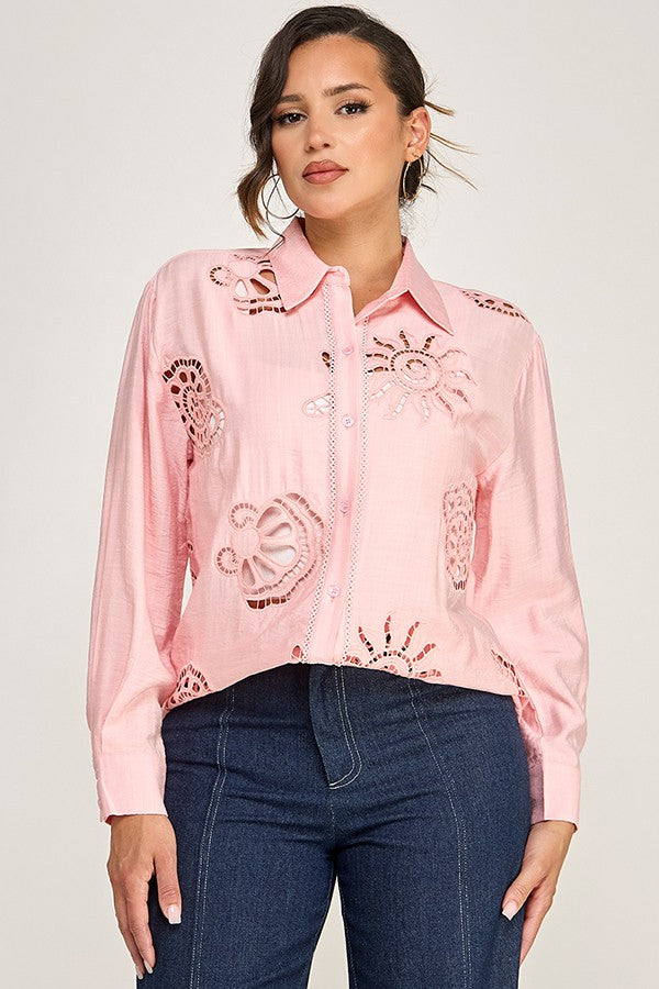 Floral Thread Embroidered Top - Pink