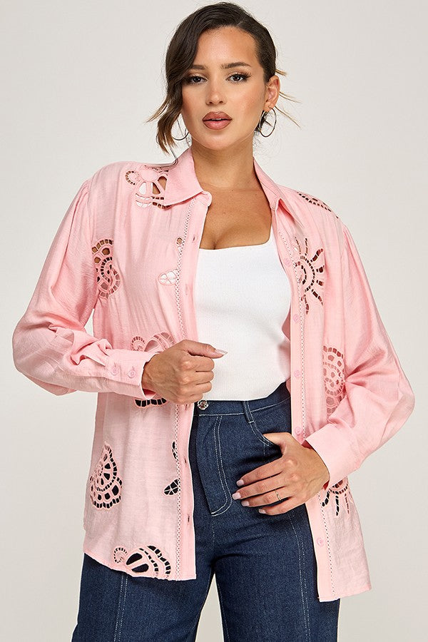 Floral Thread Embroidered Top - Pink
