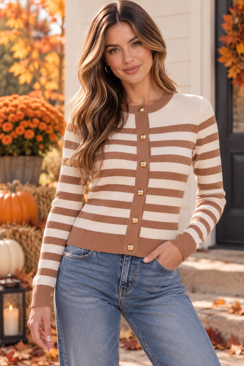 Autumn Latte Striped Cardigan