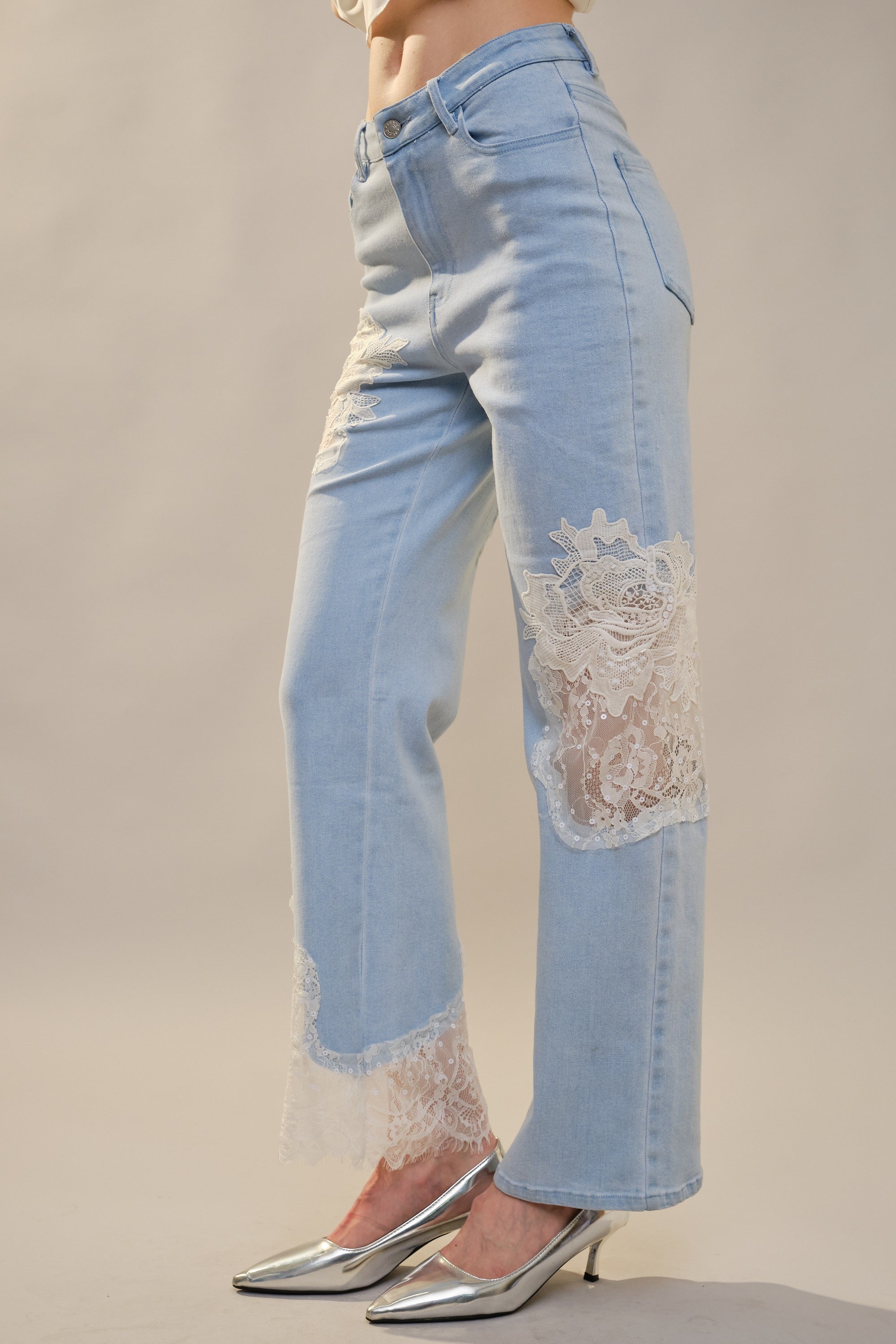 Lace Patchwork Wide Leg Jeans