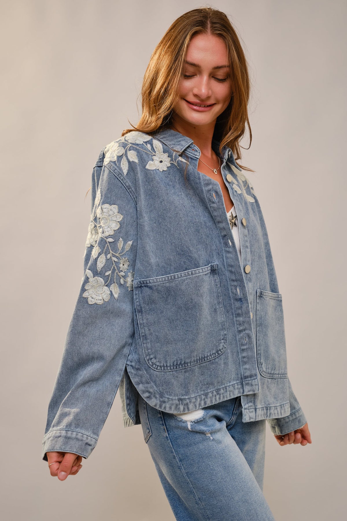 Floral Embroidered Denim Jacket – Pink Fleur Boutique