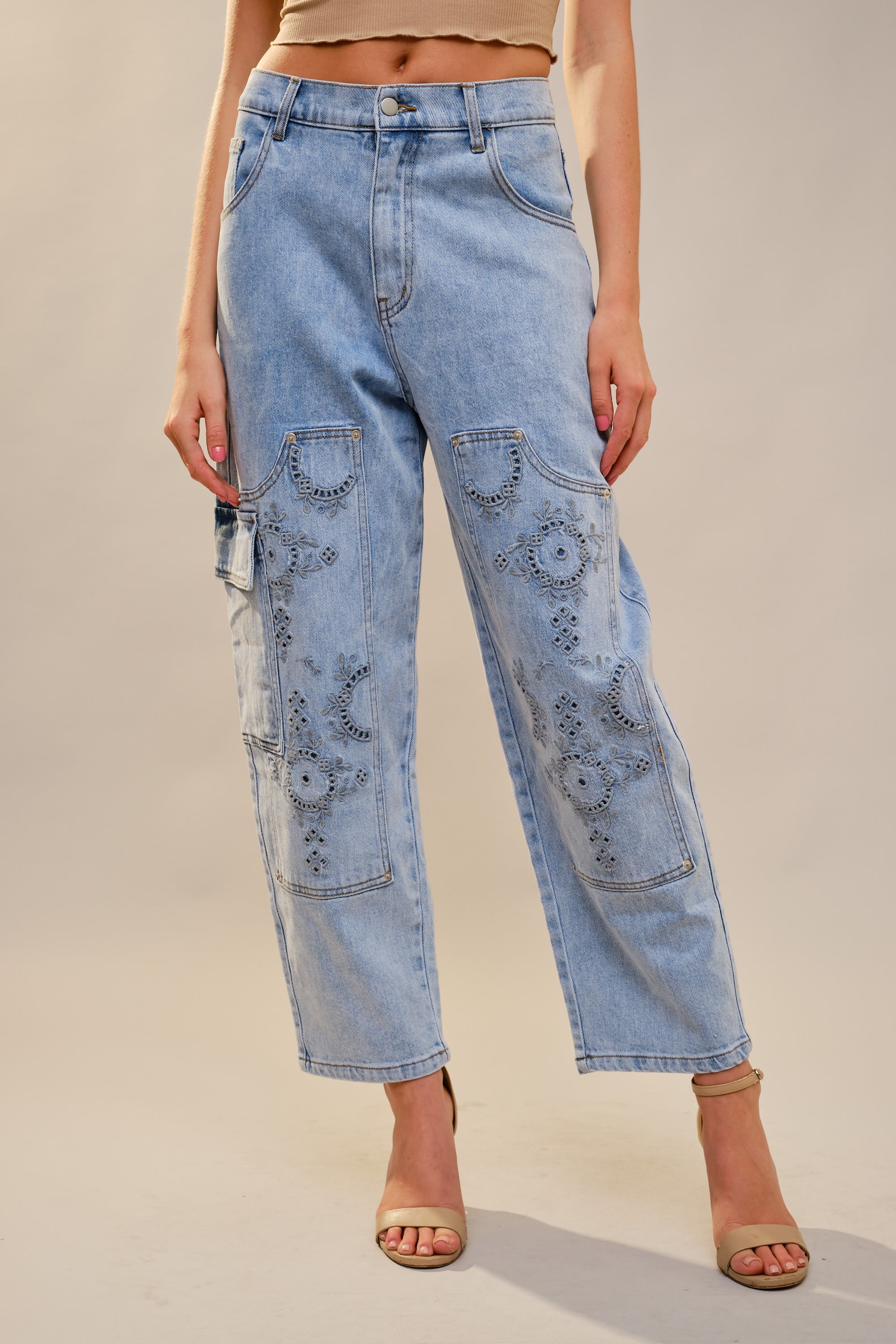 Embroidered Cargo Jeans