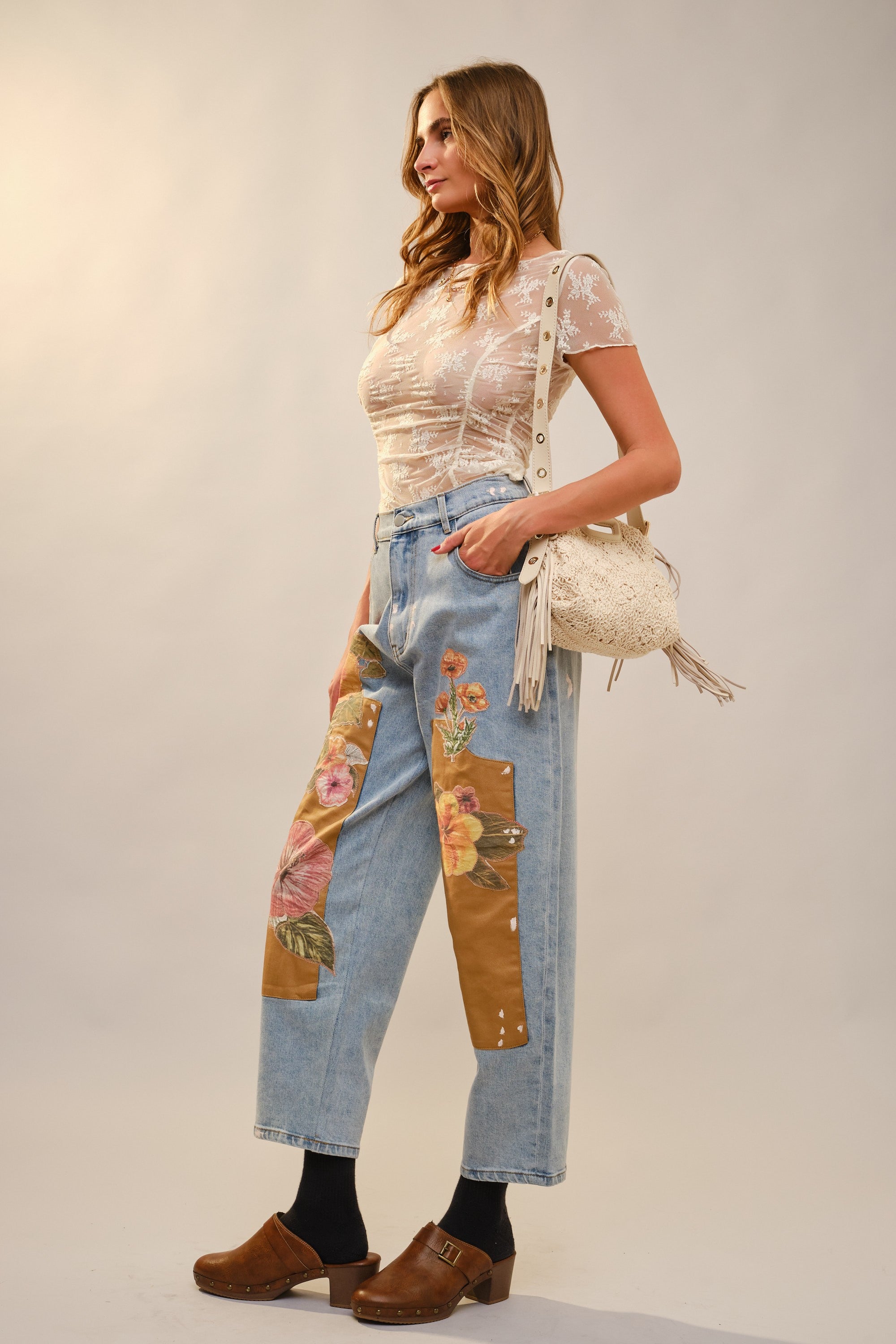 Floral Patch Barrel Jeans