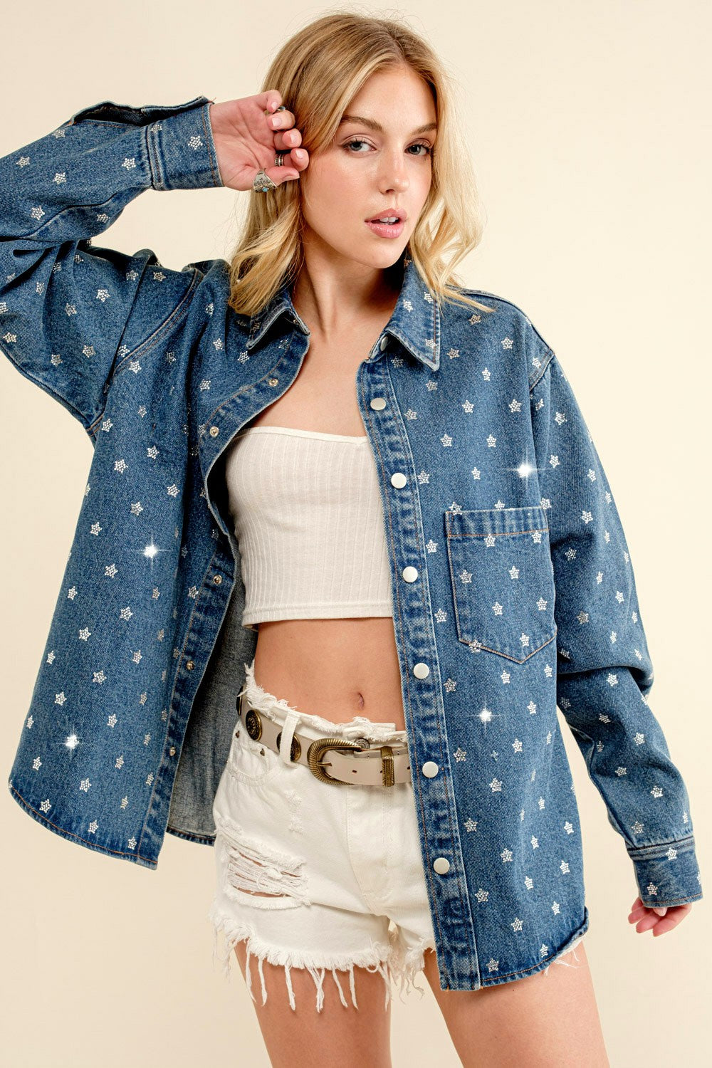 Star Embellished Denim Shacket