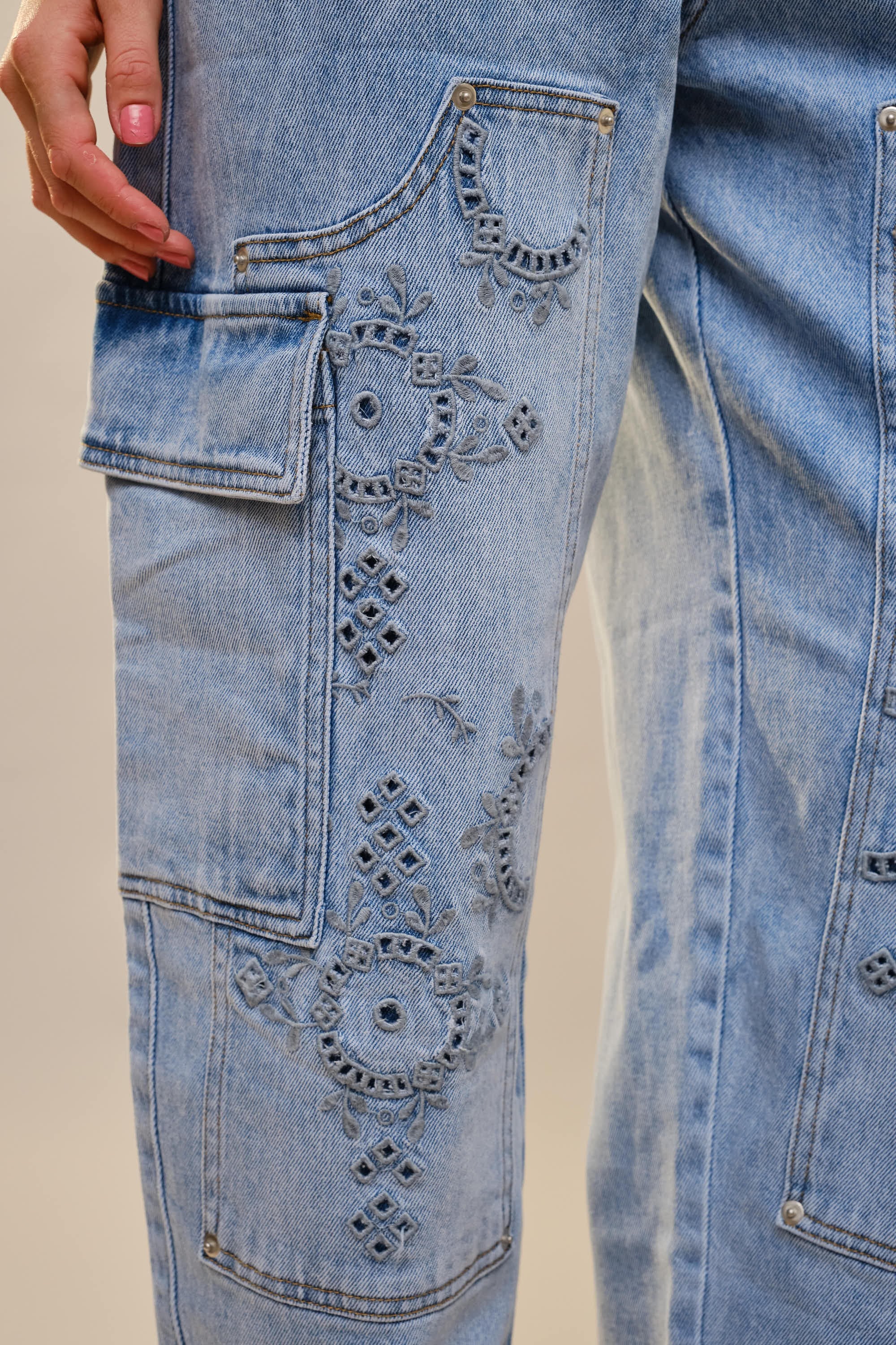 Embroidered Cargo Jeans