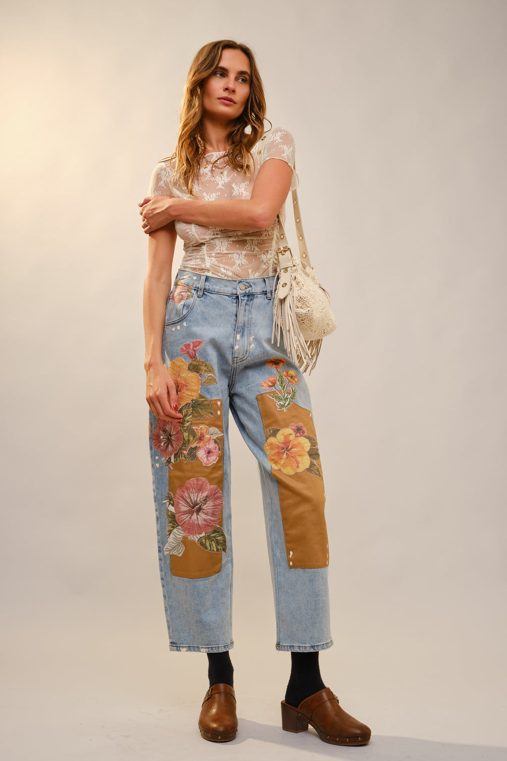 Floral Patch Barrel Jeans