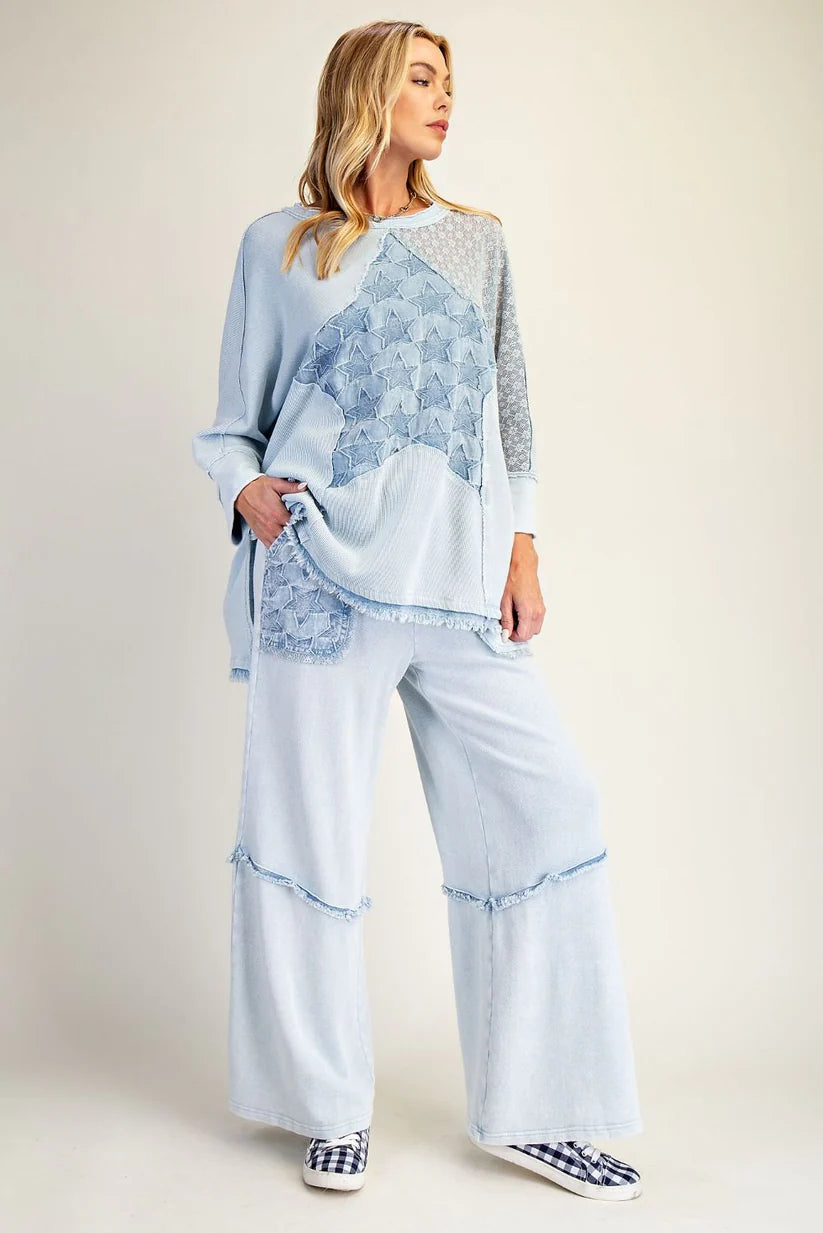Easel Wild Sky Patch Terry Pants Blue