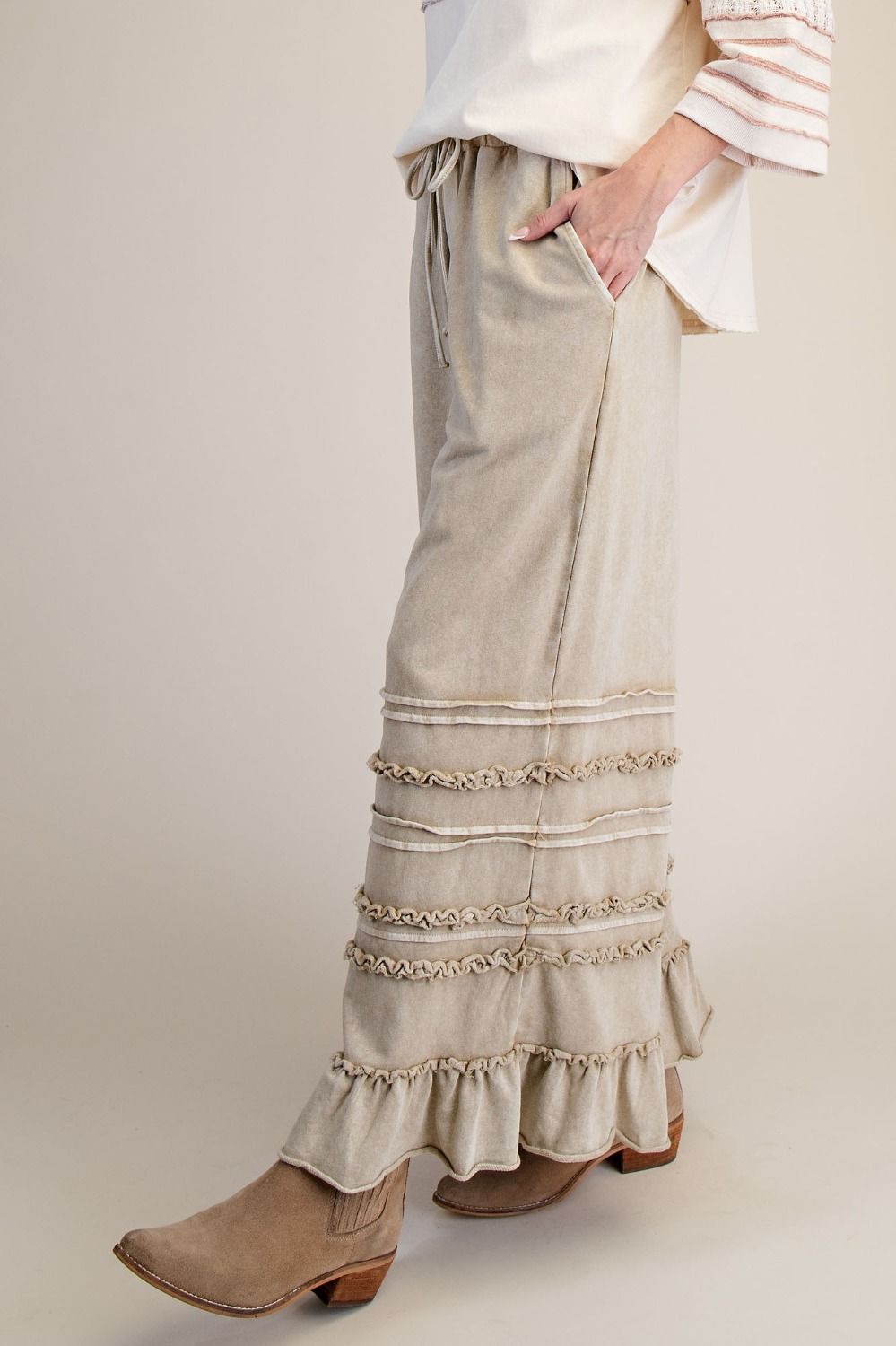 Easel Ruffle Breeze Terry Pants - Latte