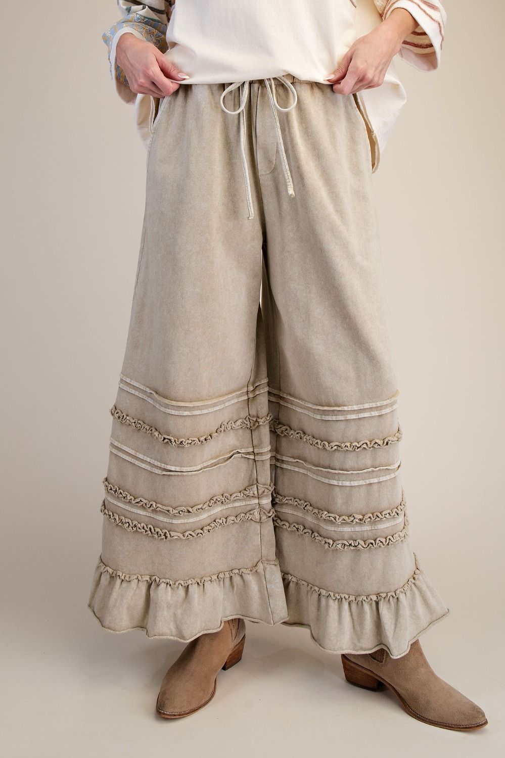 Easel Ruffle Breeze Terry Pants - Latte