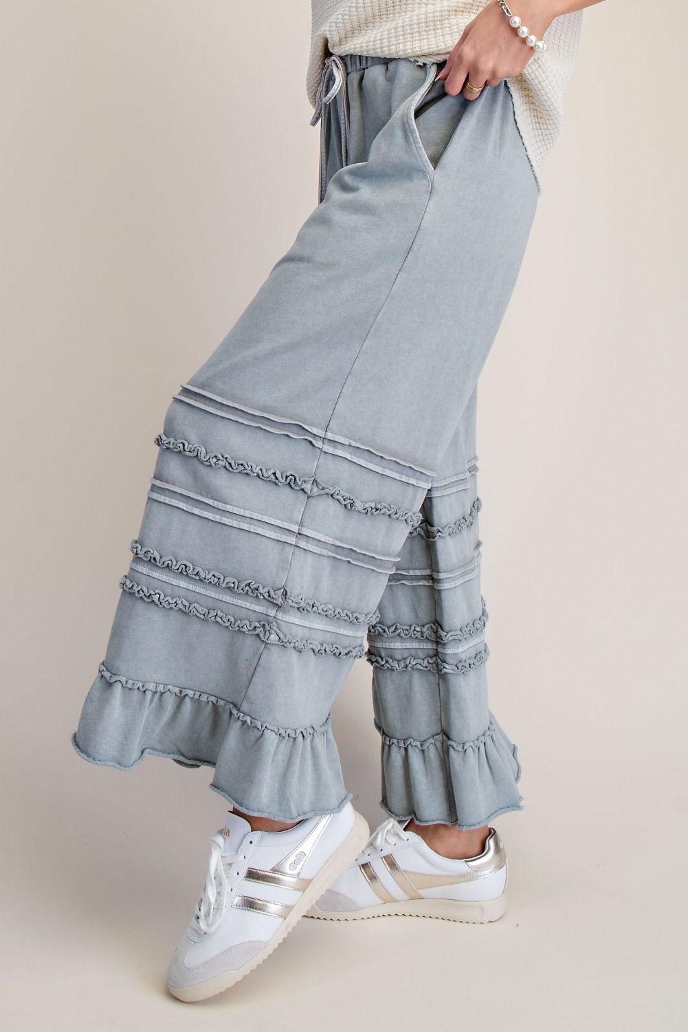 Easel Ruffle Breeze Terry Pants - Blue