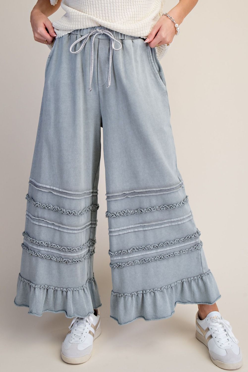 Easel Ruffle Breeze Terry Pants - Blue