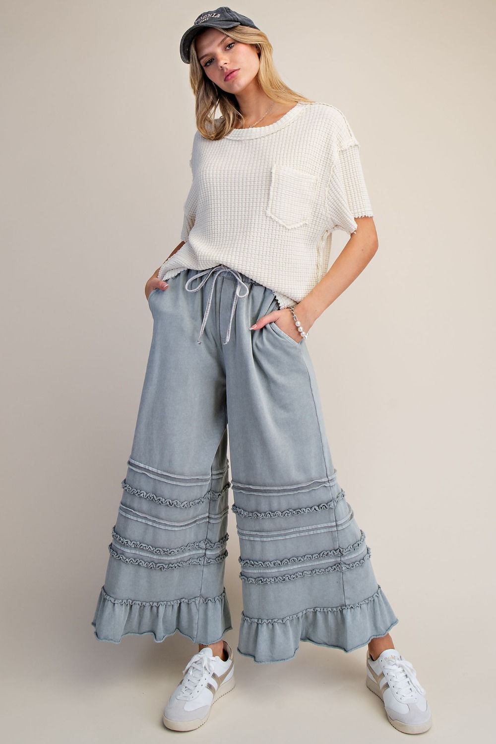Easel Ruffle Breeze Terry Pants - Blue