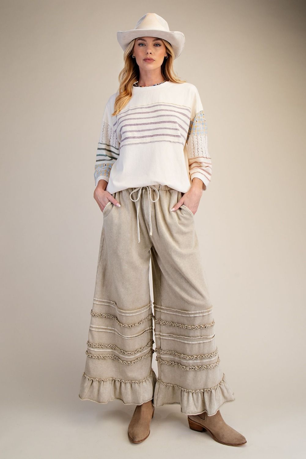 Easel Ruffle Breeze Terry Pants - Latte