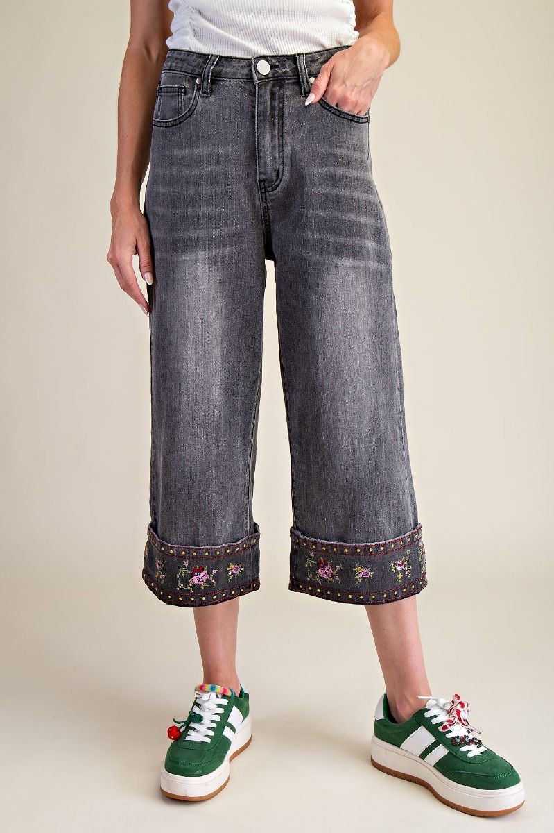 Easel Cropped Embroidered Jeans