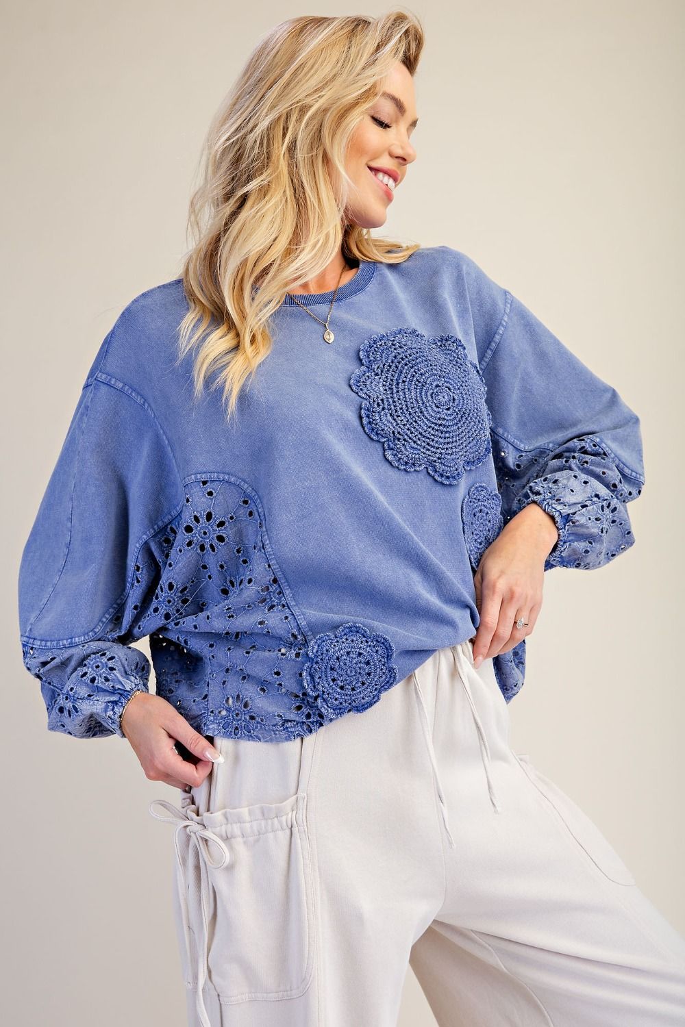 Easel Bluebell Crochet Bloom Sweatshirt