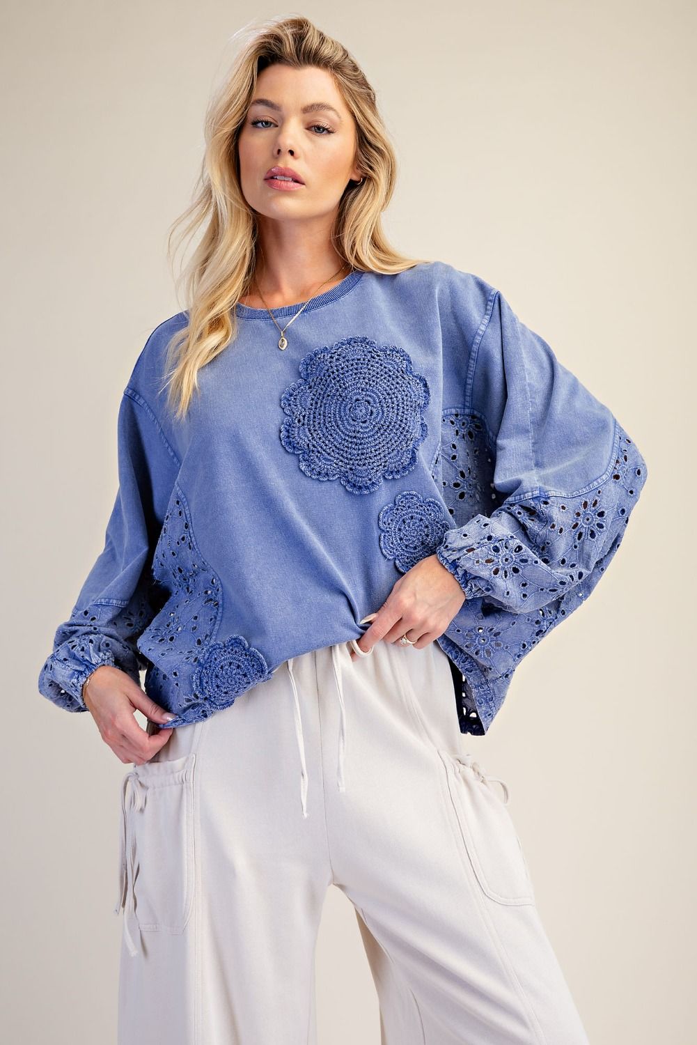 Easel Bluebell Crochet Bloom Sweatshirt