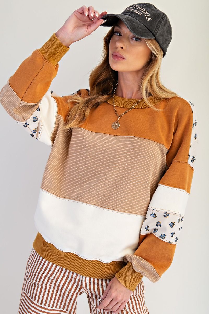 Easel Floral and Stripes Pullover