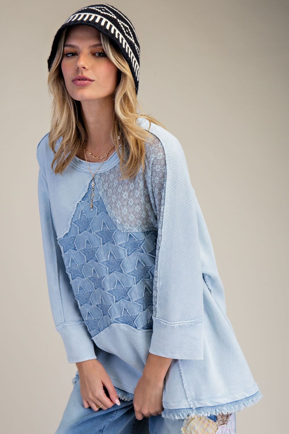 Easel Wild Sky Patch Terry Top Blue