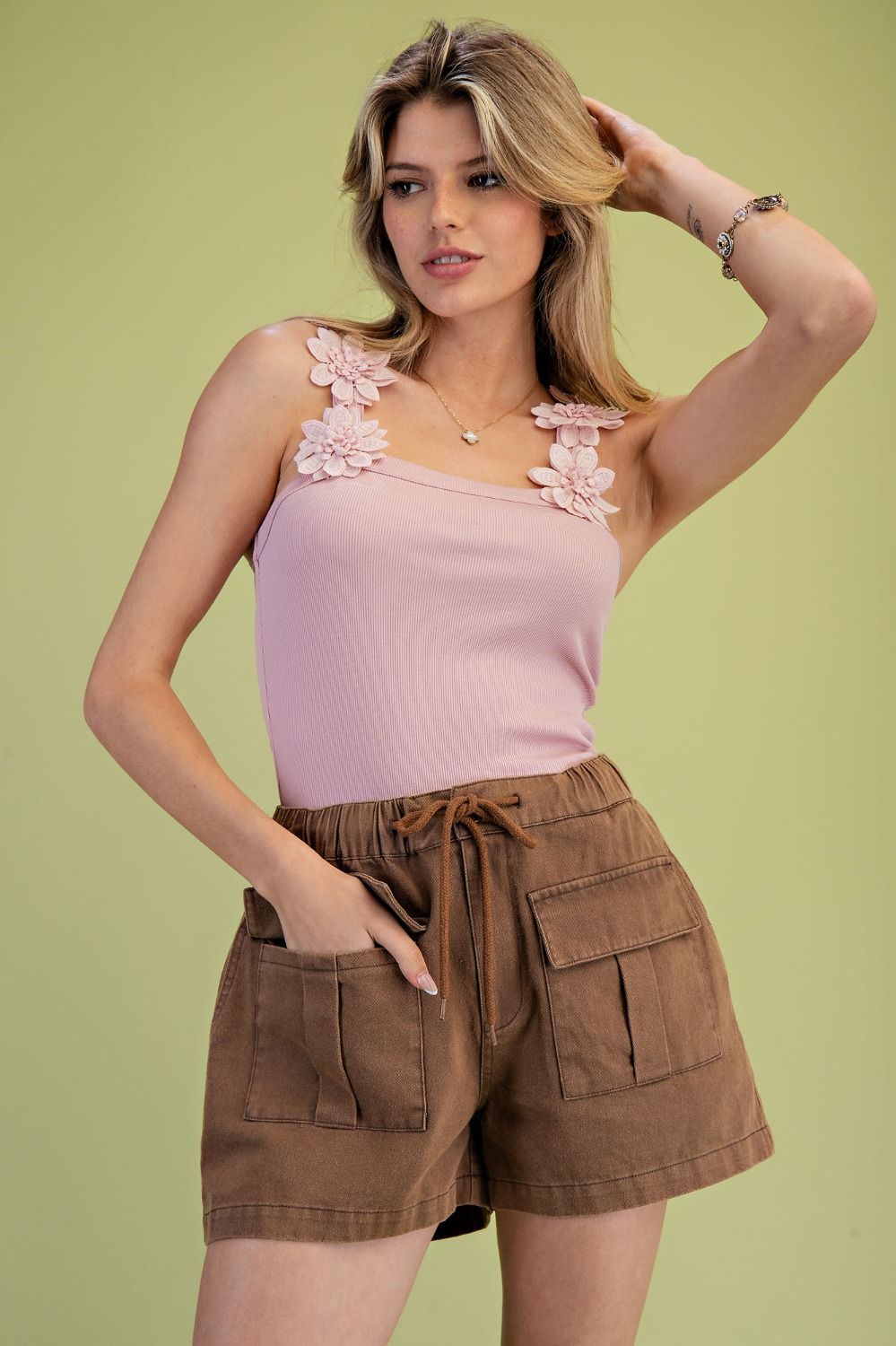 Easel The Floral Strap Ribbed Tank Top - Pink
