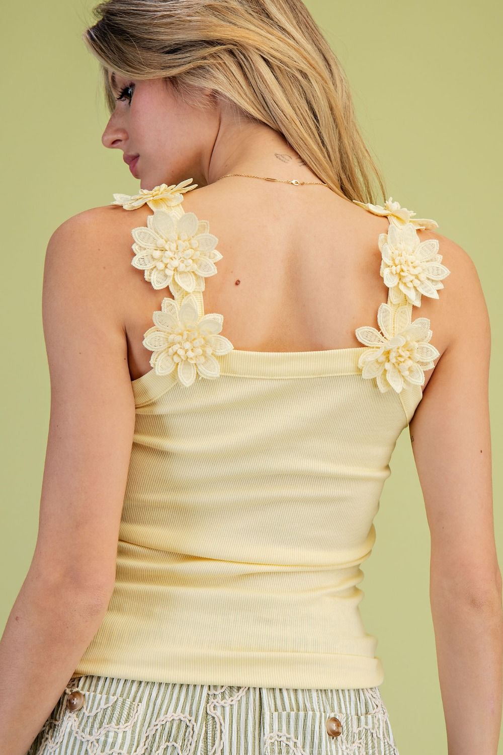 Easel The Floral Strap Ribbed Tank Top - Yellow