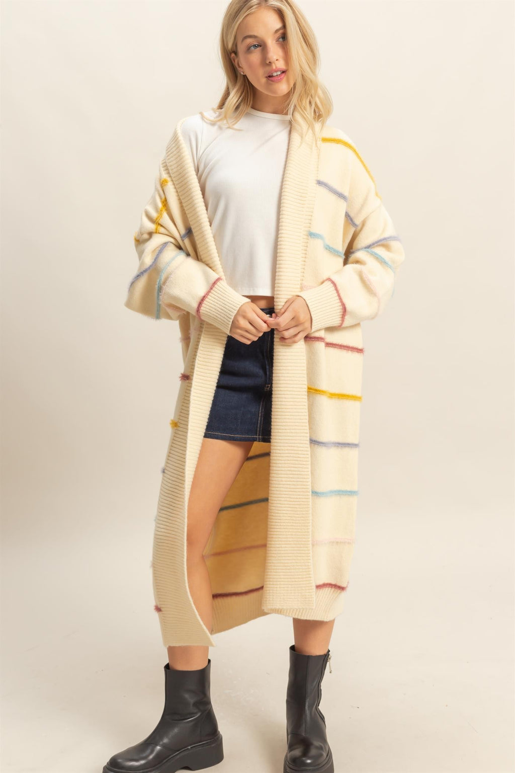 Multi Striped Open Front Cardigan - Cream