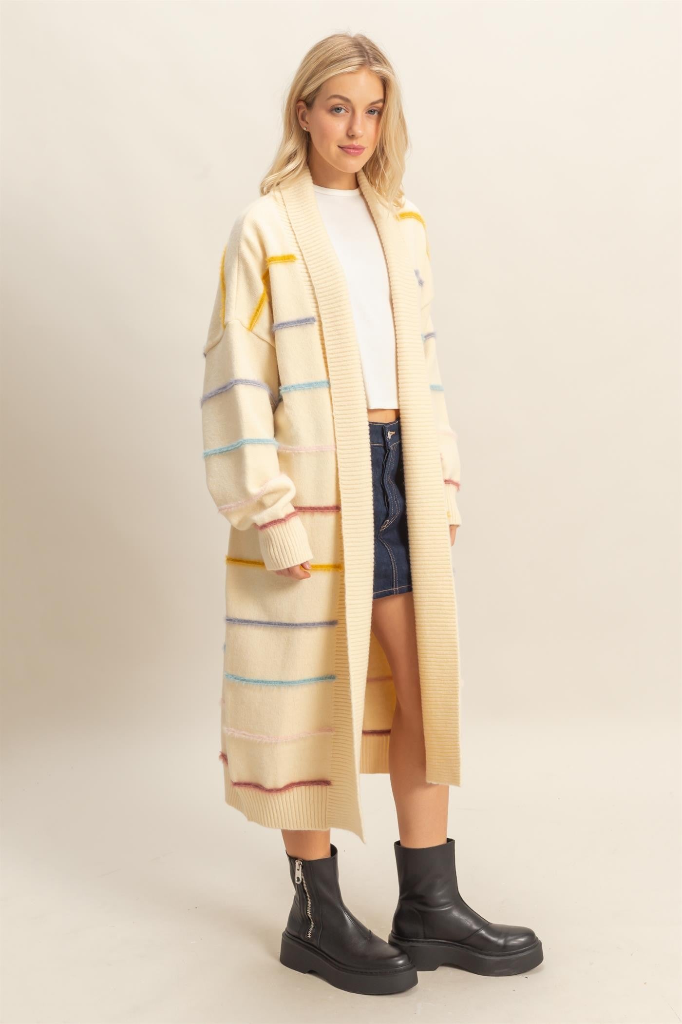 Multi Striped Open Front Cardigan - Cream