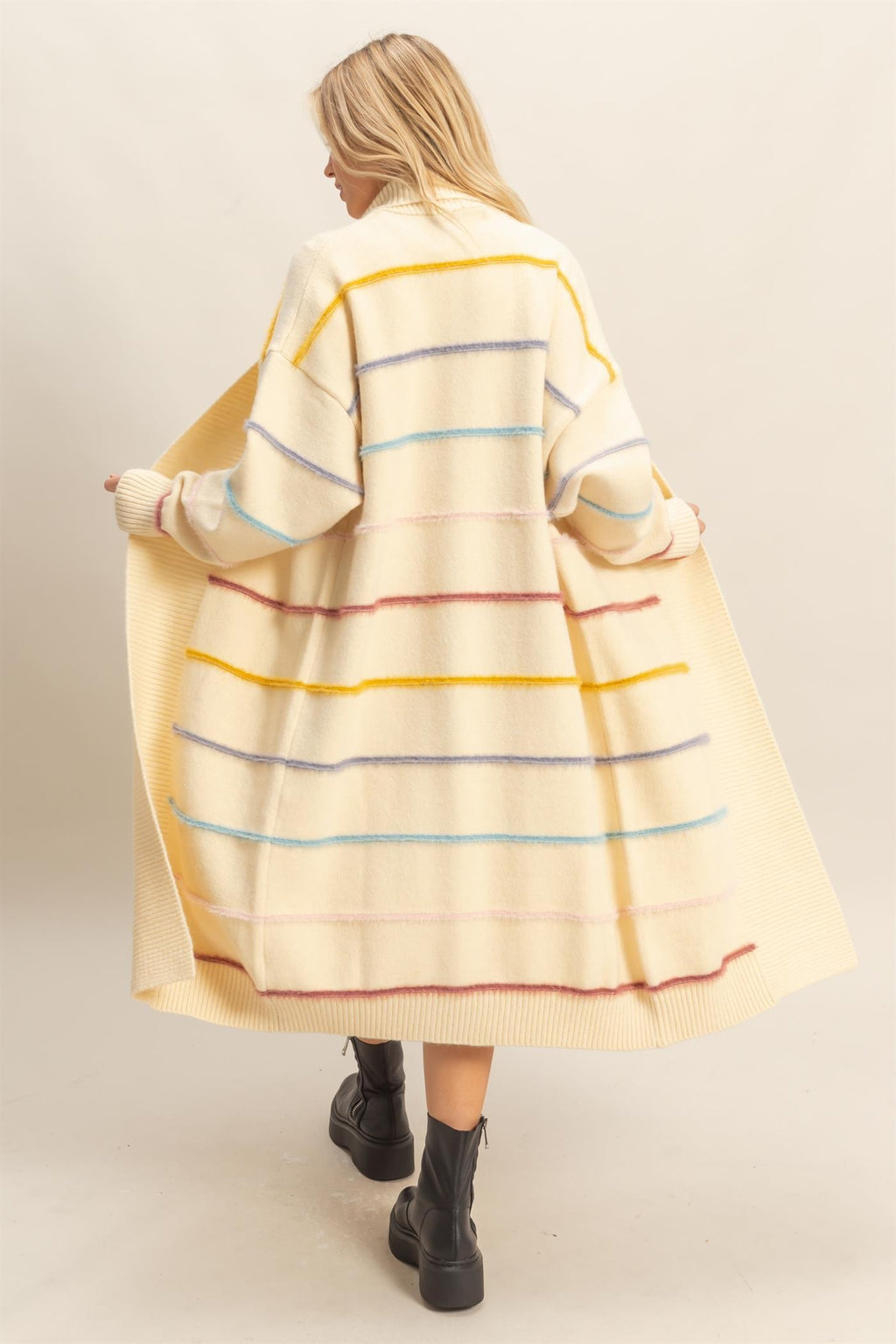 Multi Striped Open Front Cardigan - Cream