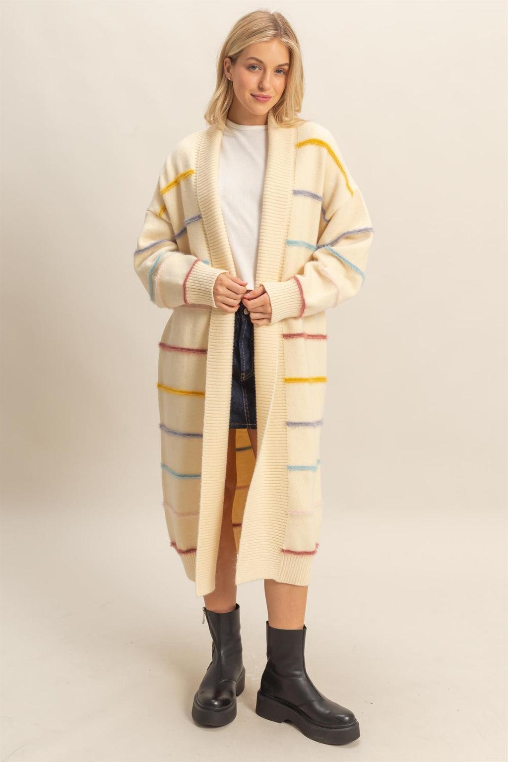 Multi Striped Open Front Cardigan - Cream