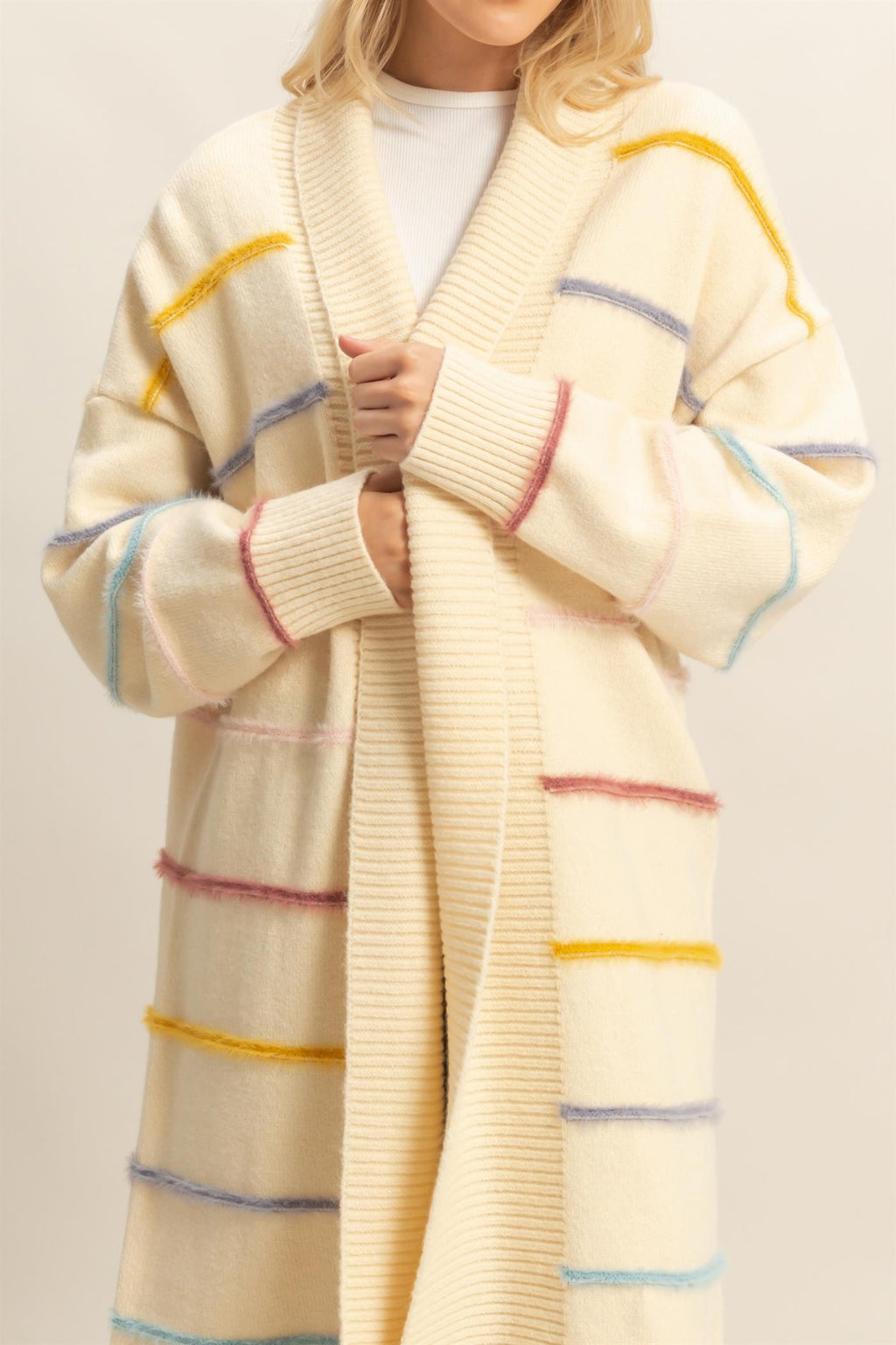 Multi Striped Open Front Cardigan - Cream