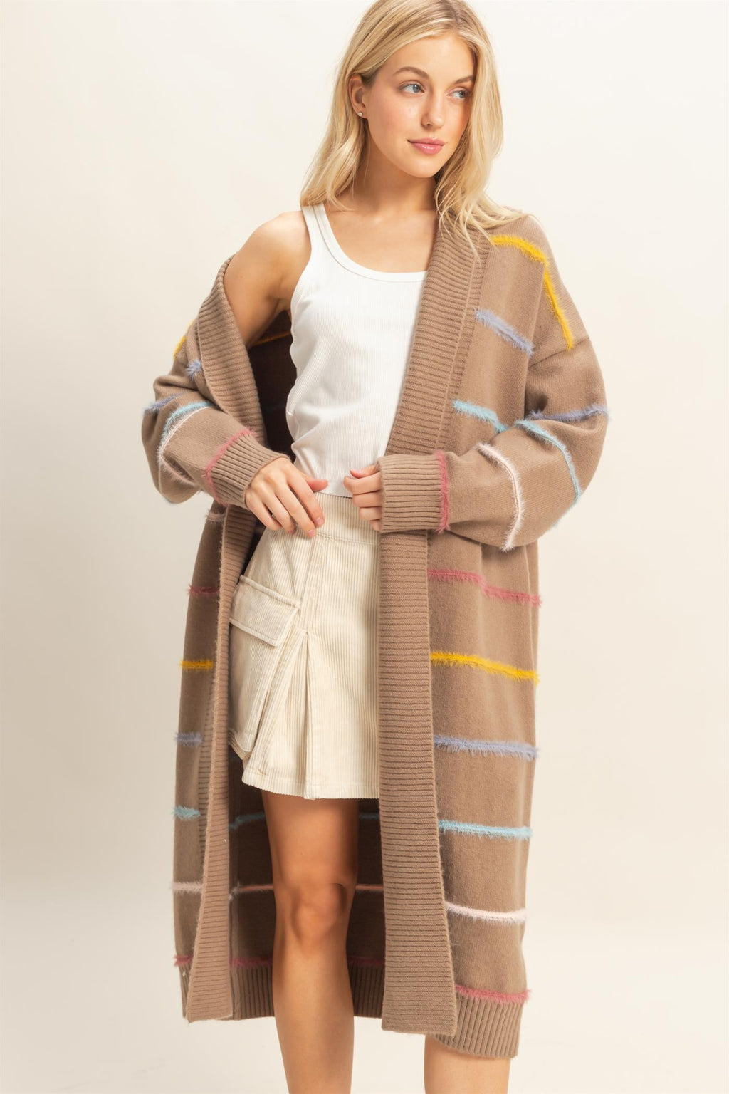 Multi Striped Open Front Cardigan - Mocha