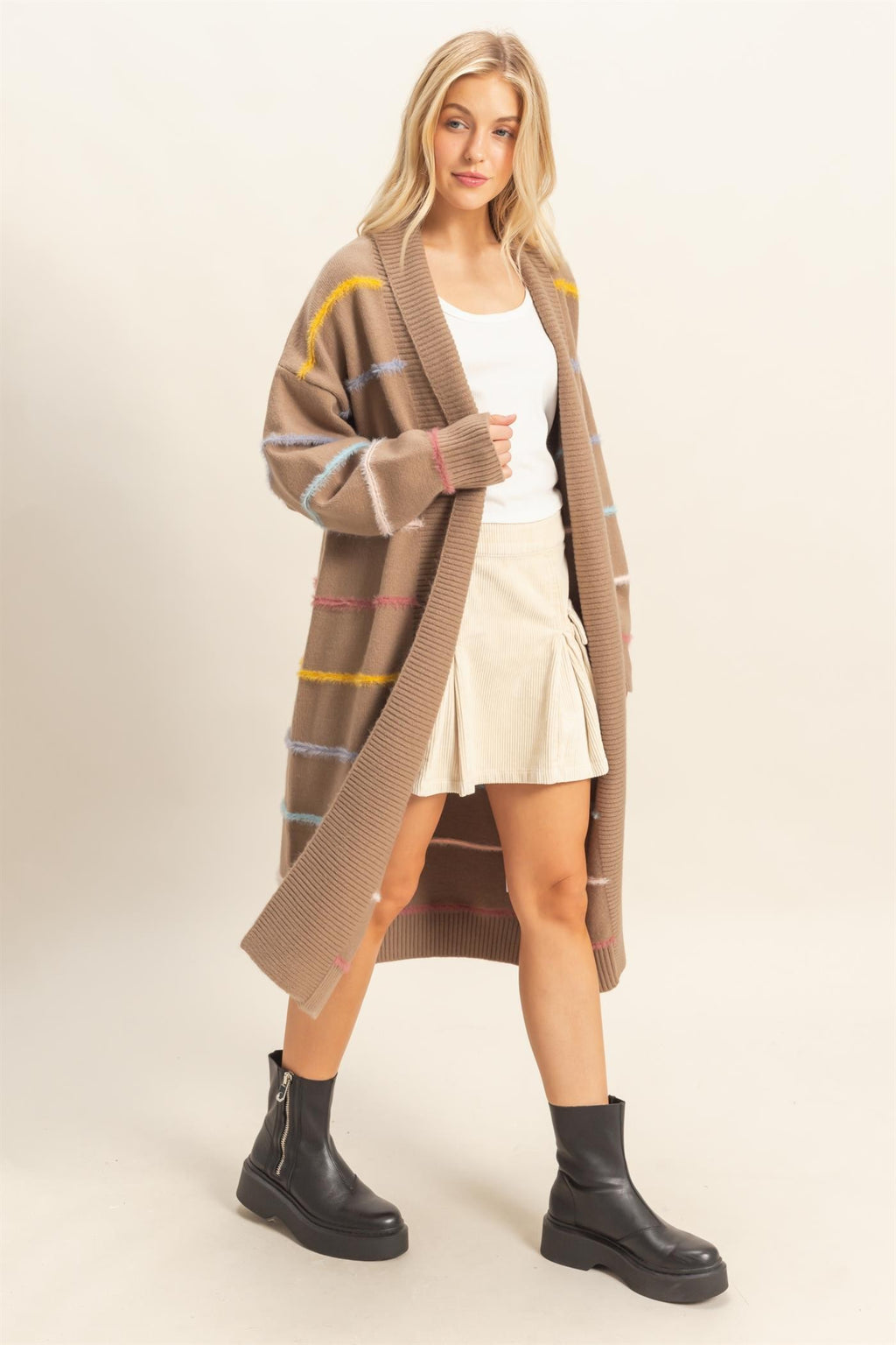 Multi Striped Open Front Cardigan - Mocha