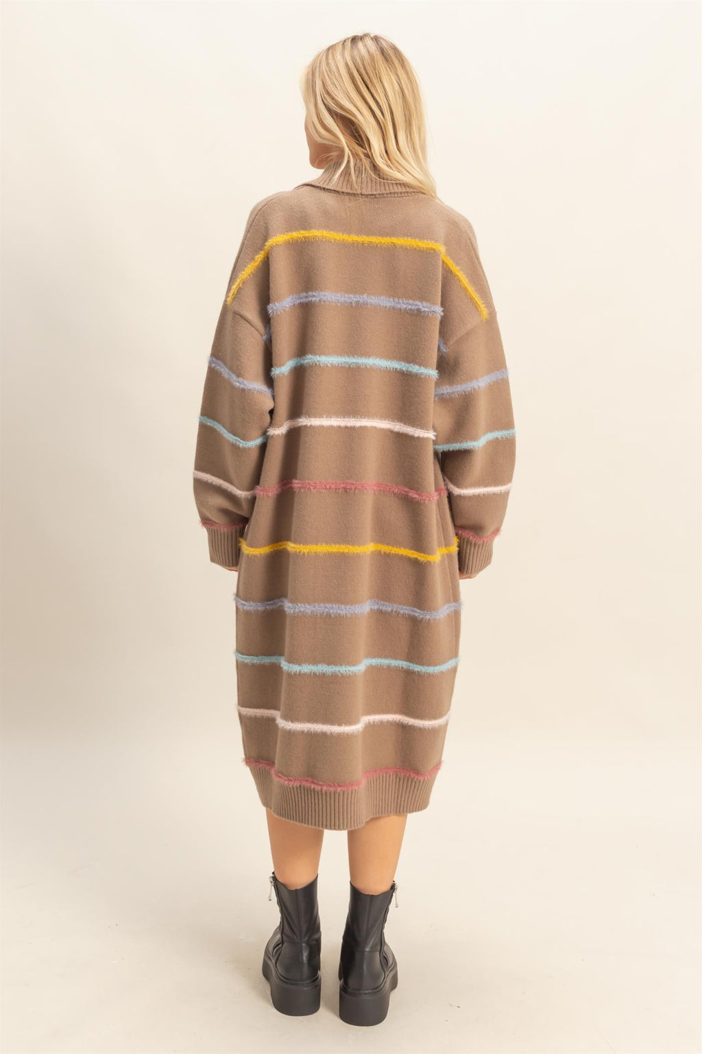 Multi Striped Open Front Cardigan - Mocha