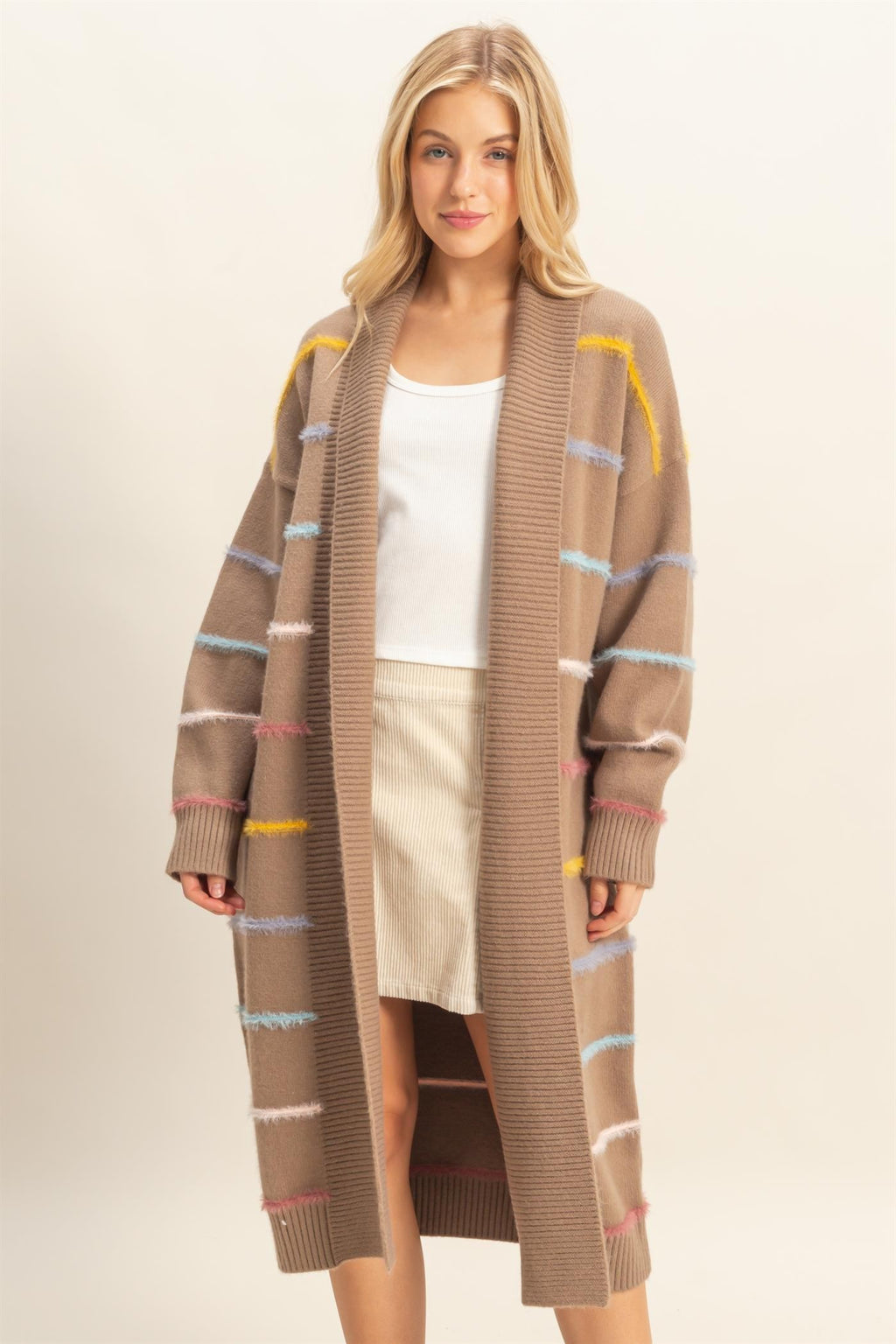 Multi Striped Open Front Cardigan - Mocha