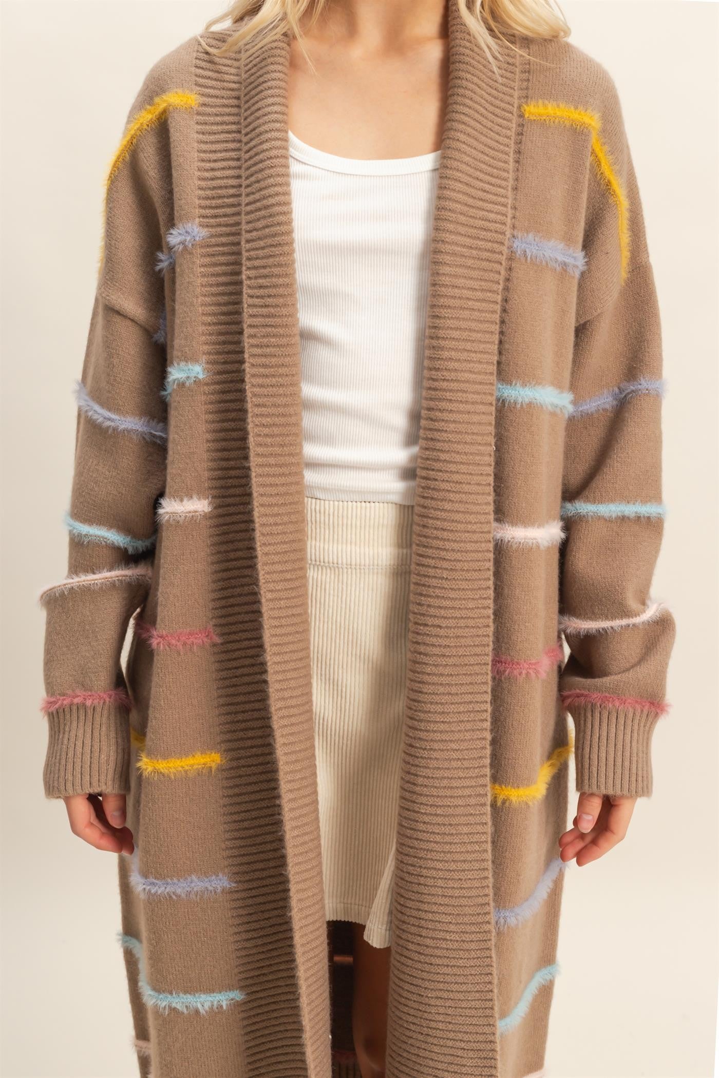 Multi Striped Open Front Cardigan - Mocha