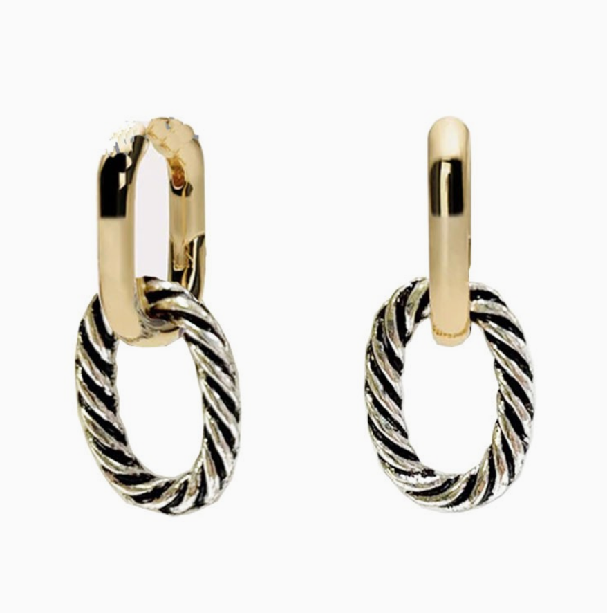 Two-Tone Rope Chain Link Hook Earrings