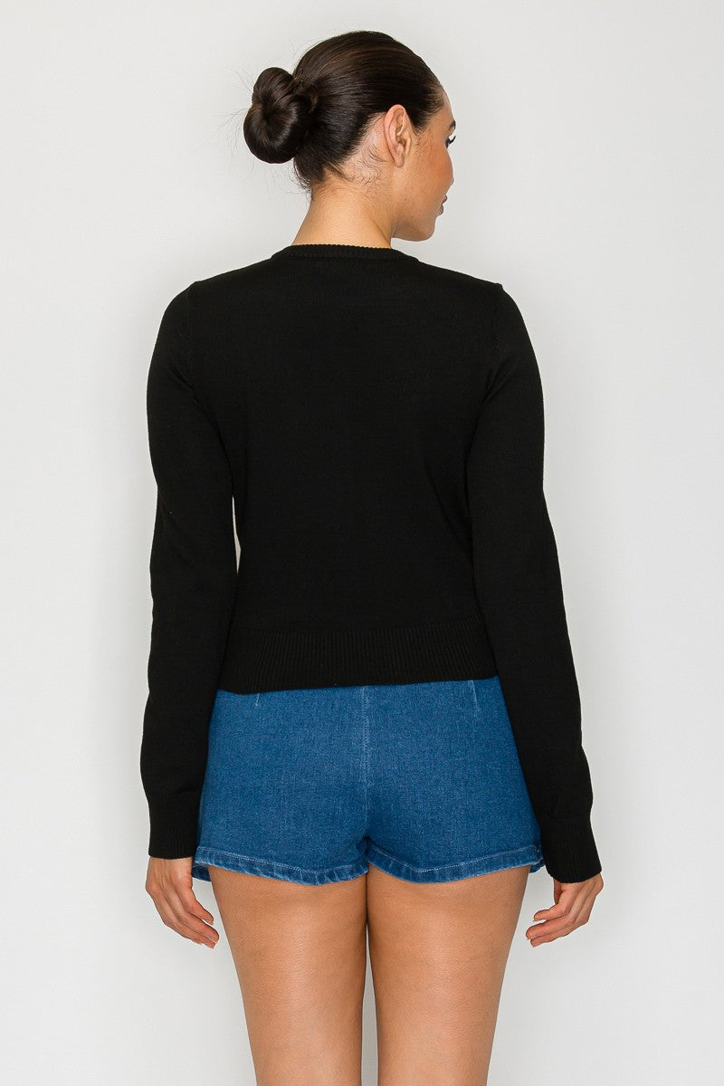 Ribbon Buttoned Sweater Cardigan - Black