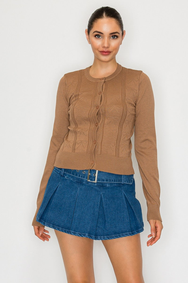 Ribbon Buttoned Sweater Cardigan - Tan