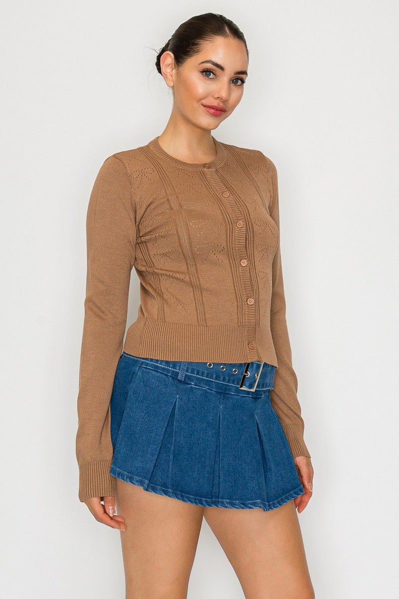 Ribbon Buttoned Sweater Cardigan - Tan