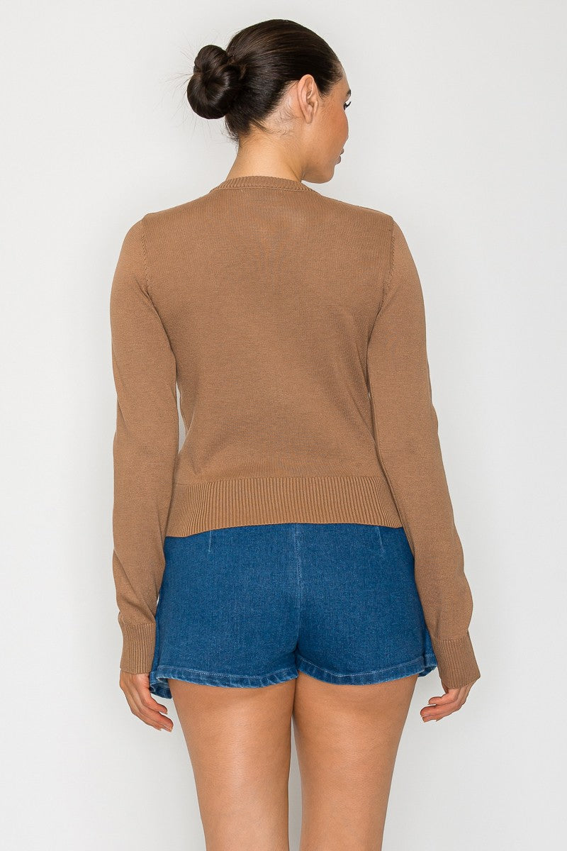 Ribbon Buttoned Sweater Cardigan - Tan