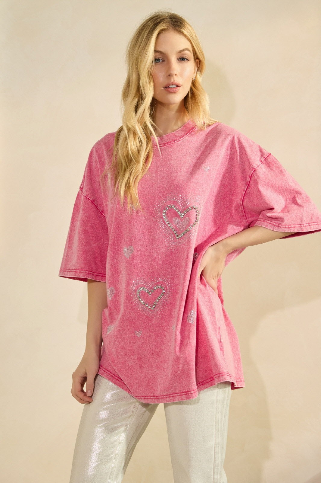 Rhinestone Heart Oversize T-shirt - Pink