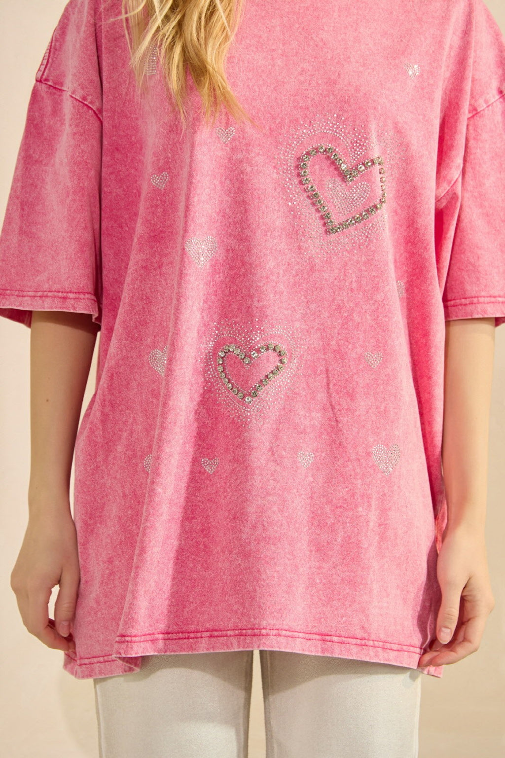 Rhinestone Heart Oversize T-shirt - Pink