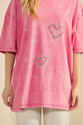 Rhinestone Heart Oversize T-shirt - Pink